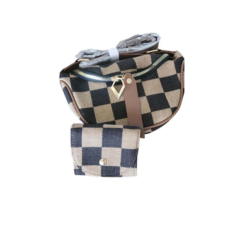 Checkerboard Crossbody Bag and Coin Purse Set Tan Black Canvas Gold Hardware